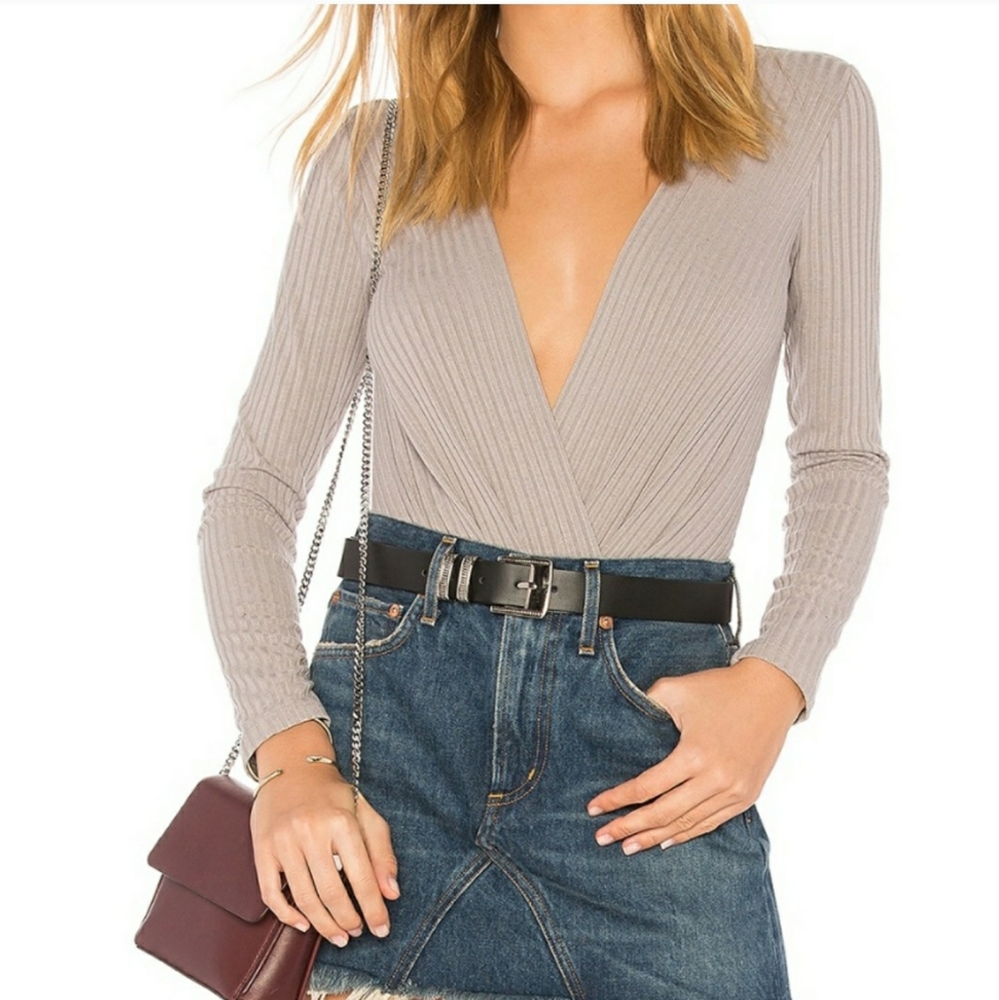 Privacy Please Ribbed Wrap Bodysuit in Taupe